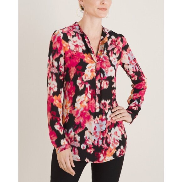 Chico's Tops - Chico’s NWT Long Sleeve Ikat Pink Black Blouse Top V Neck Tie Long Sleeve